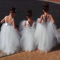 Cute V Back White Tulle Flower Girl Dresses - Thumbnail 1