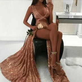 Sexy Gold Sequined Split Side Prom Dresses