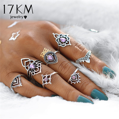  boho flower ring sets vintage tibetan purple crystal knuckle midi rings for women - Thumbnail 4