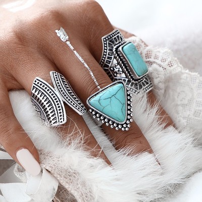 Three pieces vintage boho turquoise silver ring set - Thumbnail 5