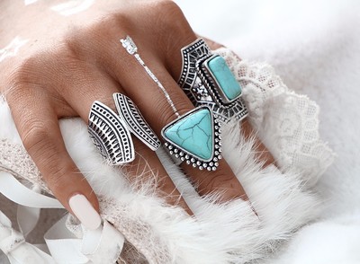 Three Pieces Vintage Boho Turquoise Silver Ring Set