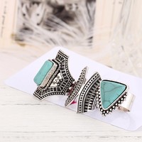 Three Pieces Vintage Boho Turquoise Silver Ring Set - Thumbnail 2