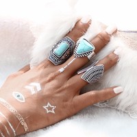 Three Pieces Vintage Boho Turquoise Silver Ring Set - Thumbnail 3