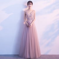 Pink lace tulle A line long prom dress, cheap evening dresses - Thumbnail 1