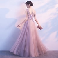 Pink lace tulle A line long prom dress, cheap evening dresses - Thumbnail 2