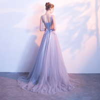 Gray v neck lace tulle long prom dress, cheap evening dresses - Thumbnail 3