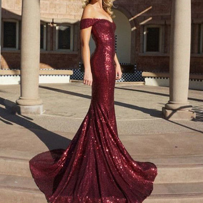 Elegant off the shoulder long burgundy sequined prom dresses - Thumbnail 5