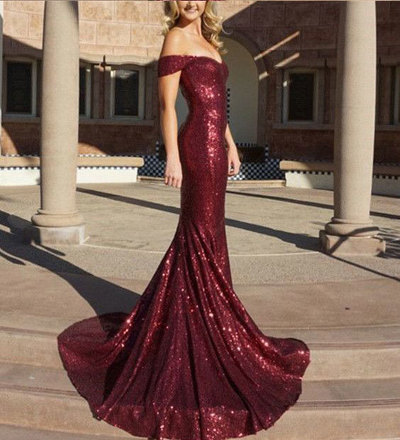 Elegant Off the Shoulder Long Burgundy Sequined Prom Dresses