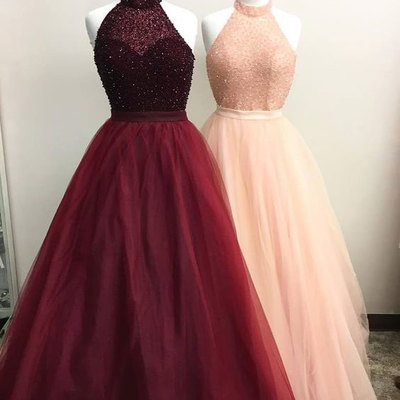 Elegant high neck burgundy/pink long prom dresses with beaded - Thumbnail 5