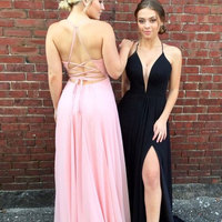 Sexy Spaghetti Straps Criss Cross Pink/Black Prom Dresses with Split Side - Thumbnail 1