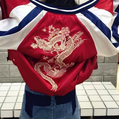 Dragon flower embroidery bomber jacket - Thumbnail 5