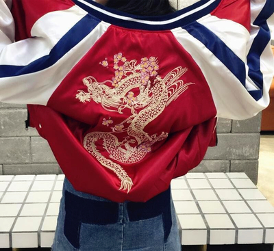 Dragon Flower Embroidery Bomber Jacket