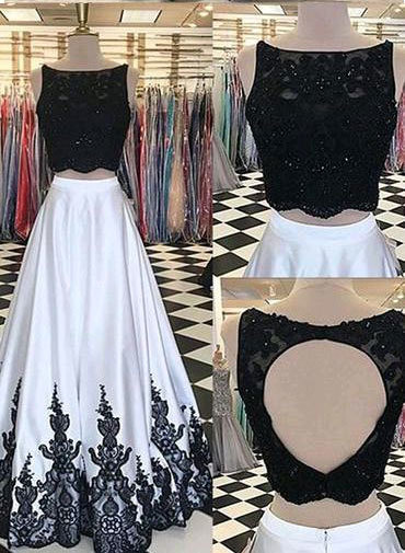 Sexy Two Piece Black Long Women's Prom Dresses with Appliques