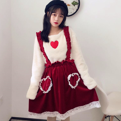 Flounce lace suspender skirt + love heart embroidered woolen sweater - Thumbnail 5