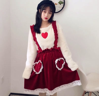 Flounce Lace Suspender Skirt + Love Heart Embroidered Woolen Sweater