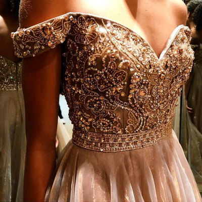 Luxurious Off the Shoulder Long Prom Dresses with Rhinestone
