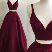 Sexy Two Piece Burgundy/Black Prom Dresses - Thumbnail 1
