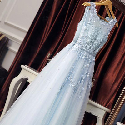 Elegant light sky blue tulle long prom dresses with appliques for women - Thumbnail 4