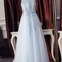 Elegant Light Sky Blue Tulle Long Prom Dresses with Appliques for Women - Thumbnail 1
