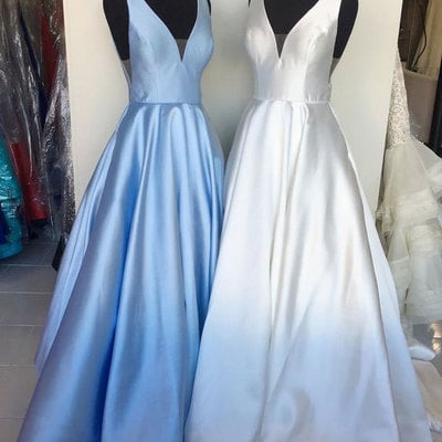 Elegant v neck blue/white long prom dresses - Thumbnail 5