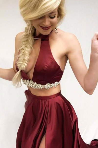 Sexy Keyhole Two Piece Long Prom Dresses with Rhinestone