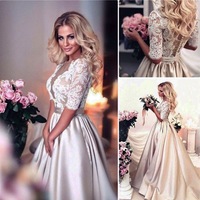 Chariming A-line Half Long Sleeves Champagne Wedding Dresses Bridal Gowns - Thumbnail 4