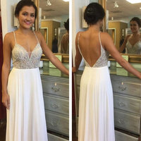 Spaghetti Straps Backless Long Prom Dresses with Beaded - Thumbnail 1