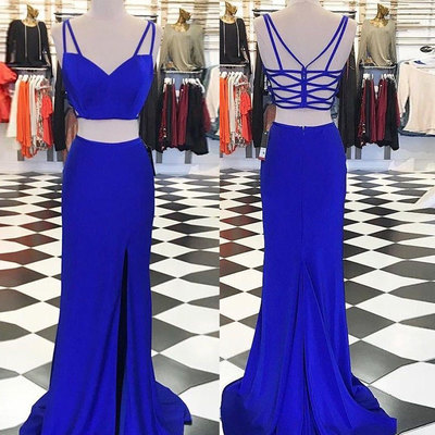 Sexy two piece royal blue long prom dresses with split side - Thumbnail 5