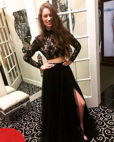 Sexy Two Piece Lace Tulle Black Long Prom Dresses with Long Sleeves