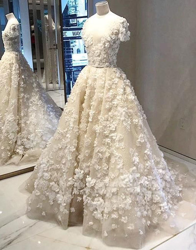 Unique Long V Neck Wedding Dresses with Handmade Flowers