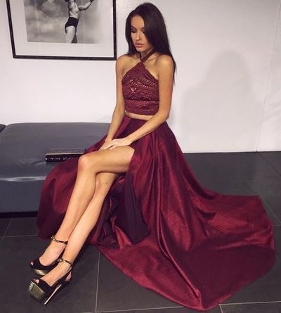 Sexy Two Piece Halter Long Prom Dresses with Skirt