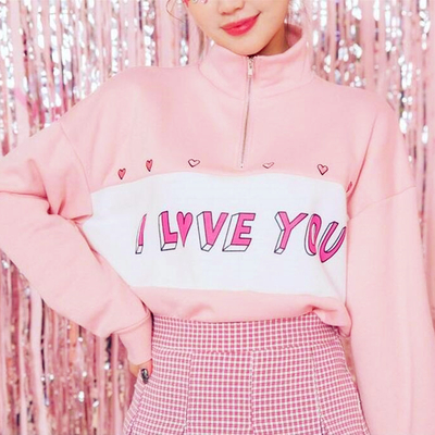 High neck i love you heart printed zippered sweatshirt - Thumbnail 5