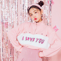 High Neck I LOVE YOU Heart Printed Zippered Sweatshirt - Thumbnail 1