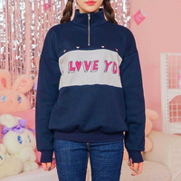 High Neck I LOVE YOU Heart Printed Zippered Sweatshirt - Thumbnail 2