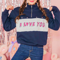 High Neck I LOVE YOU Heart Printed Zippered Sweatshirt - Thumbnail 3