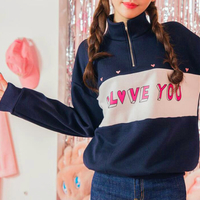 High Neck I LOVE YOU Heart Printed Zippered Sweatshirt - Thumbnail 4