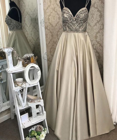 Spaghetti Straps Beaded Long Prom Dresses Formal Dress