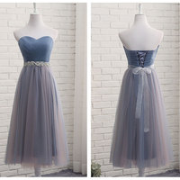 Gray tulle sweetheart neck long prom dress, evening dress - Thumbnail 3