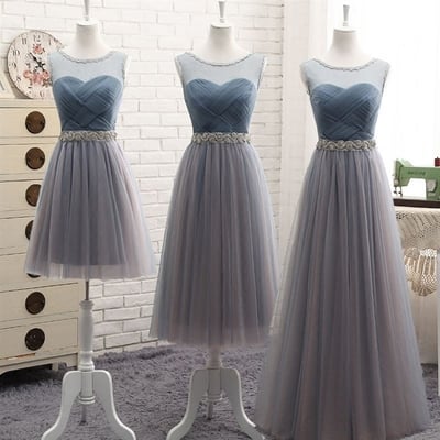  gray  round neckt ulle long prom dress, evening dress - Thumbnail 5