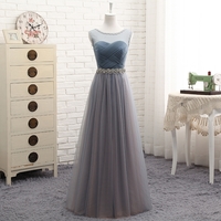  Gray  round neckt ulle long prom dress, evening dress - Thumbnail 1