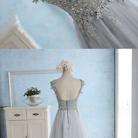 Gray Blue Long Prom Dresses with Appliques - Thumbnail 1