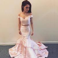 Sexy Off the Shoulder Pear Pink/Red/Black Mermaid Two Piece Prom Dresses  - Thumbnail 1