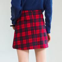 Vintage Red Plaid Leather Buckle Pleated Skirt - Thumbnail 1