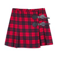 Vintage Red Plaid Leather Buckle Pleated Skirt - Thumbnail 3