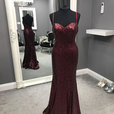 Elegant spaghetti straps sequin burgundy long prom dresses - Thumbnail 5