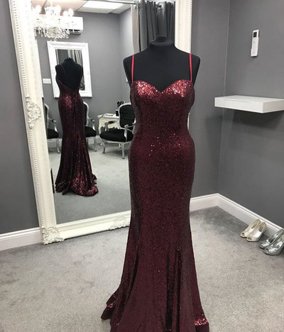 Elegant Spaghetti Straps Sequin Burgundy Long Prom Dresses
