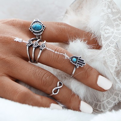 Turquoise boho silver and gold ring set - Thumbnail 5