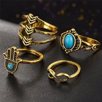Turquoise Boho Silver and Gold Ring Set - Thumbnail 3