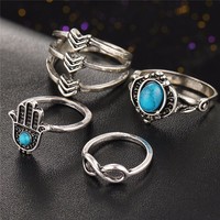 Turquoise Boho Silver and Gold Ring Set - Thumbnail 4