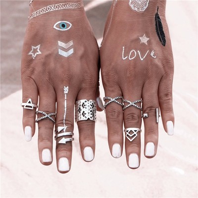 Vintage bohemian style tibetan 8 pieces silver ring set